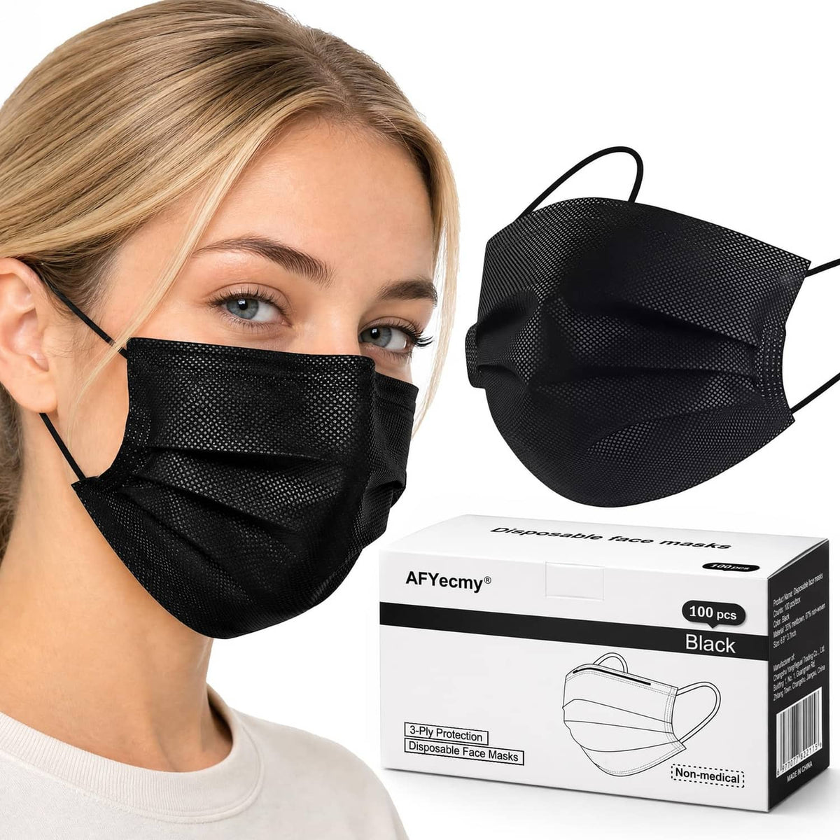 3-ply black disposable face mask on model, with matching mask and pack box
