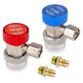 Pair of R134a refrigerant adapters with red open/blue low caps and threaded brass ends