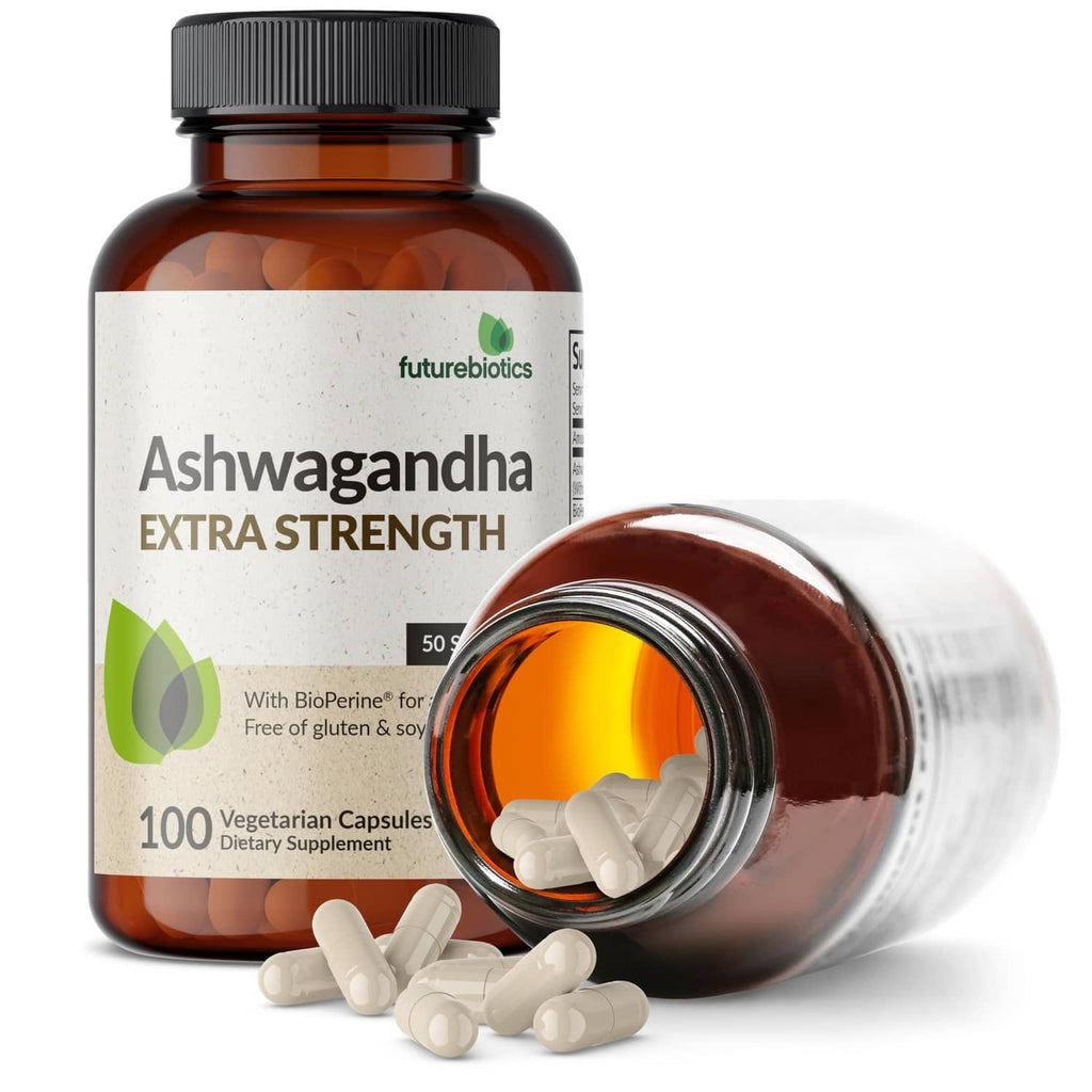Ashwagandha extra strength supplement bottle with scattered white vegetarian capsules