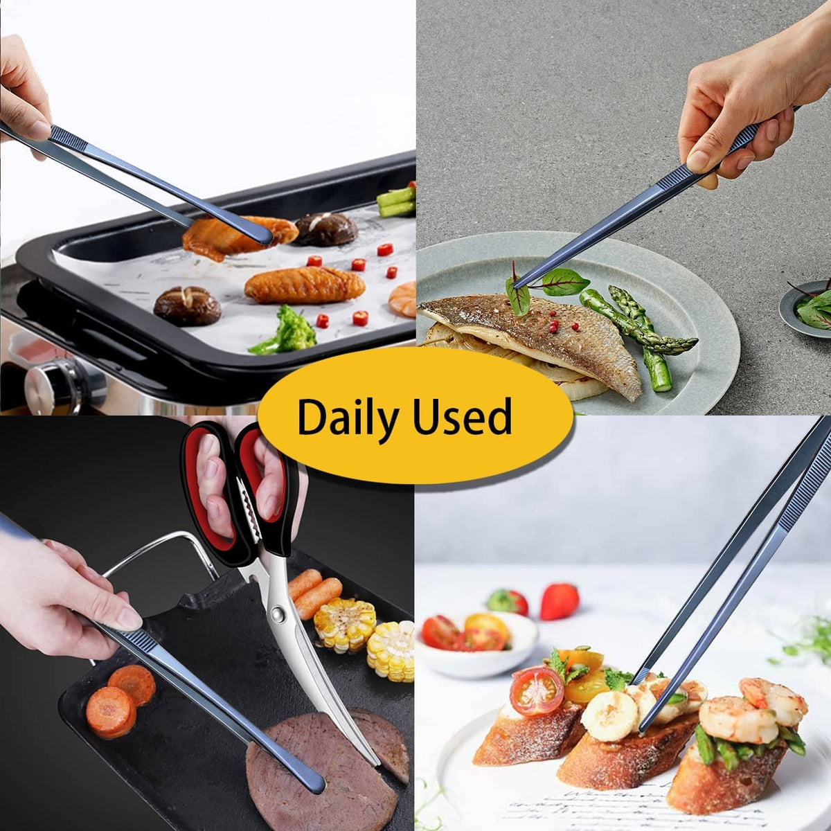 Navy stainless steel serving tweezer tongs, grasping food over a pan and plate
