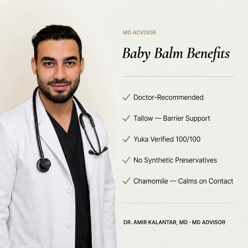 Clean + Kind Baby Balm Benefits panel with doctor in lab coat and benefit checklist