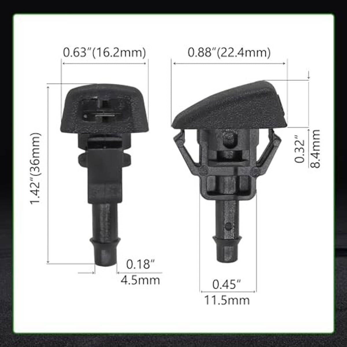 Windshield washer fluid jet nozzles with dimensions, two-piece black assemblies