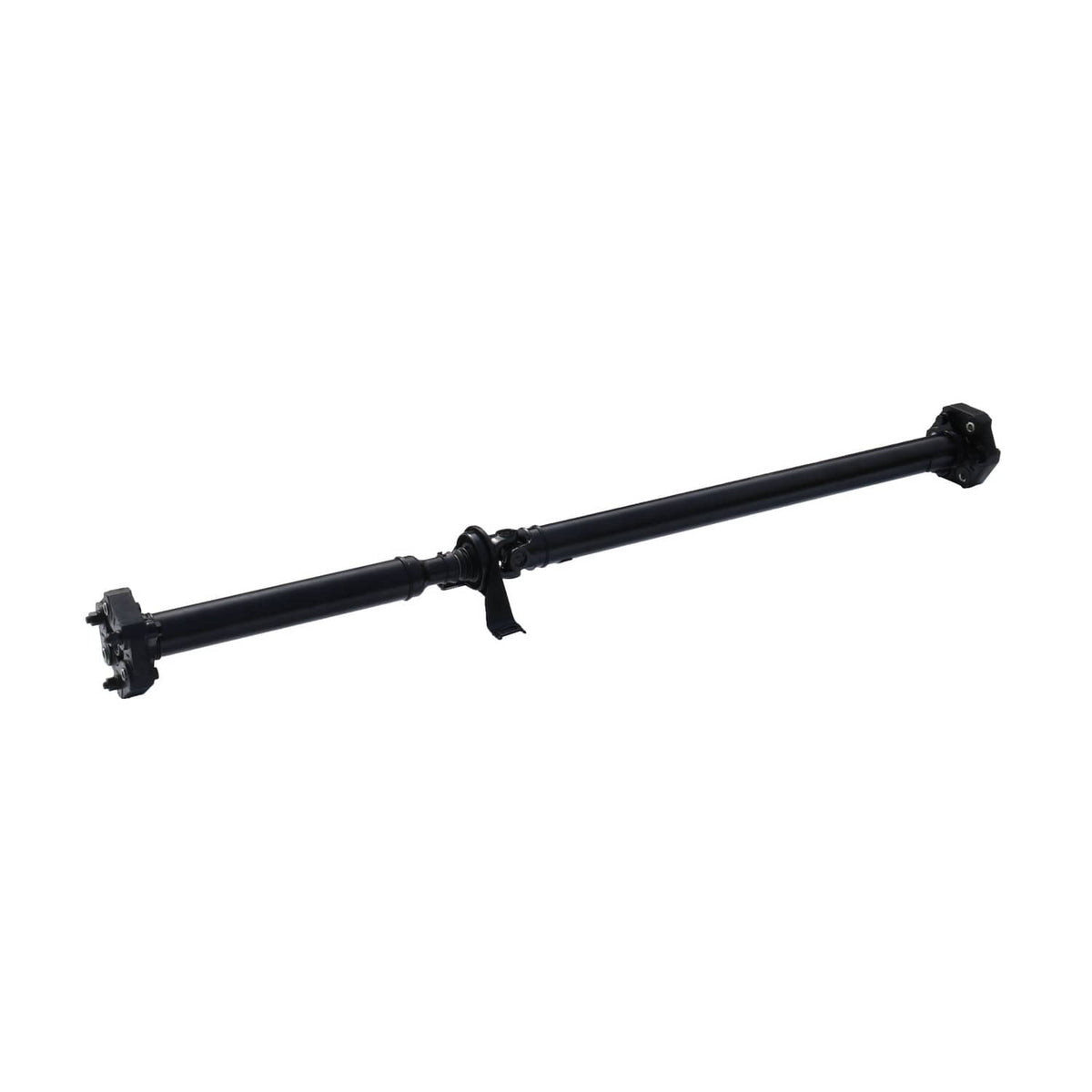 Black drive prop shaft assembly with end flanges and center joint, wide side view