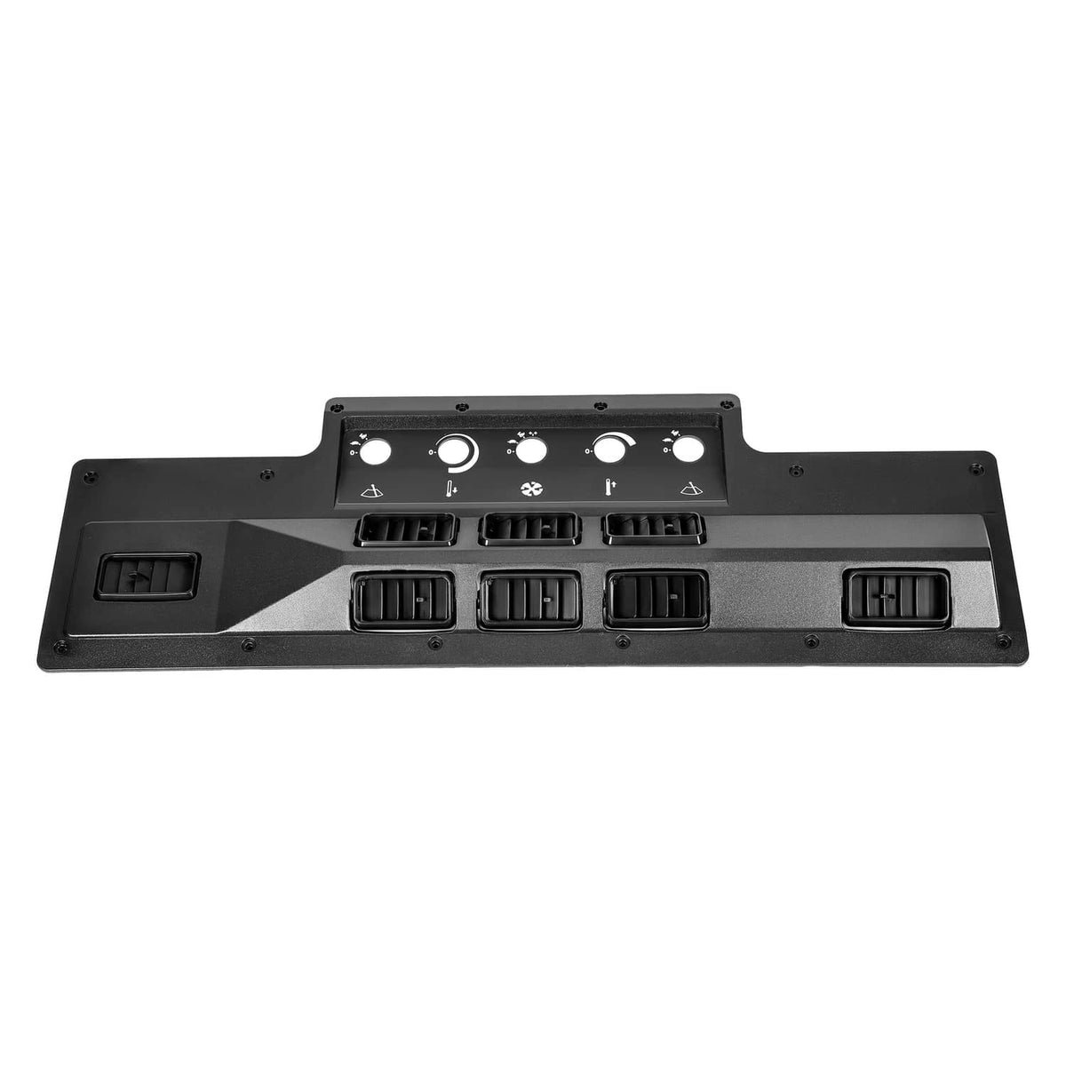 A/C heat control panel bezel with vent openings, knobs, and mounting screw holes