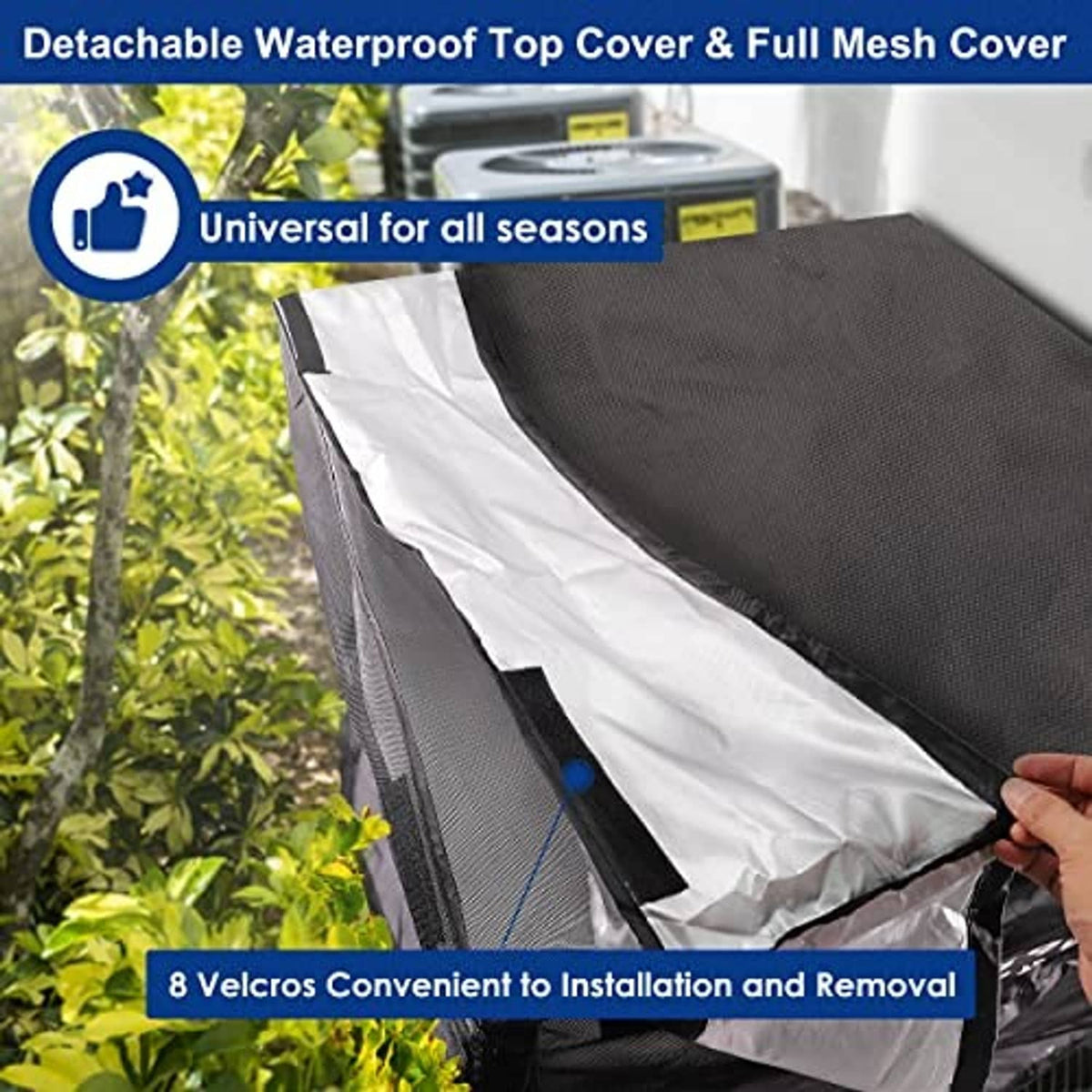 Black mesh AC cover with detachable waterproof top panel and Velcro fasteners