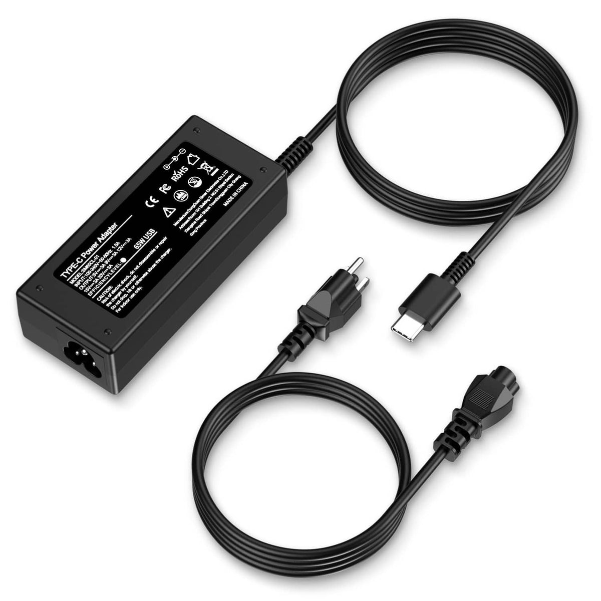 Black 65W USB-C laptop charger with attached cable and plug tips