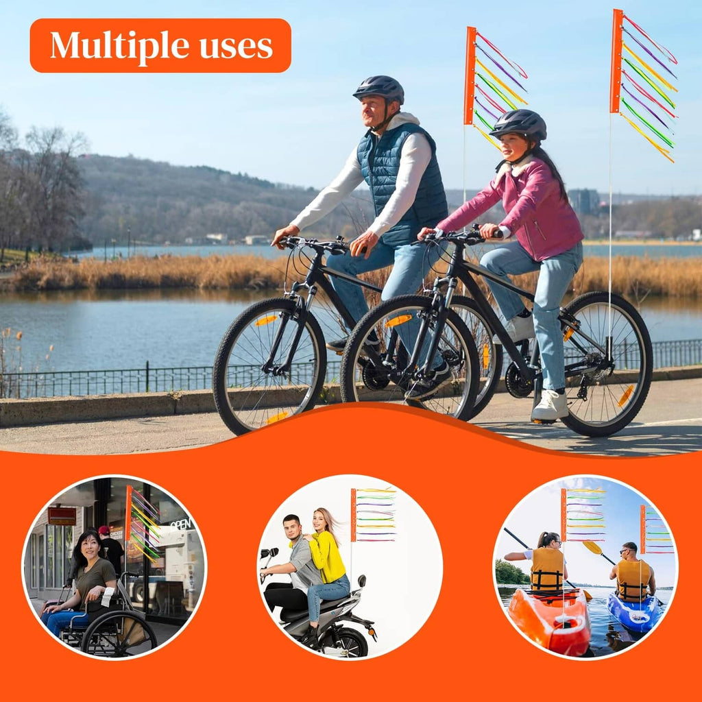 Bike safety flag set with tall pole and orange flag with multicolor ribbon tails