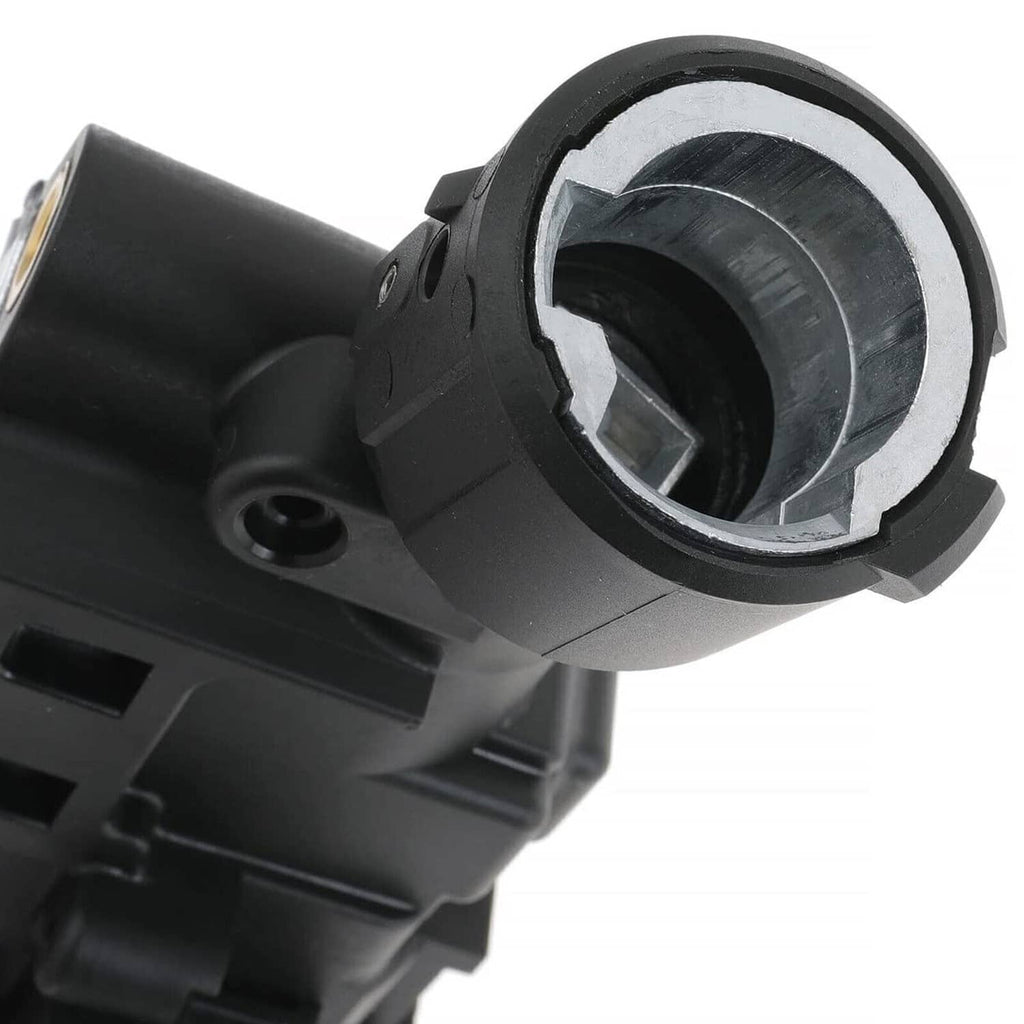 Ignition lock housing with circular key-switch opening in black and silver metal