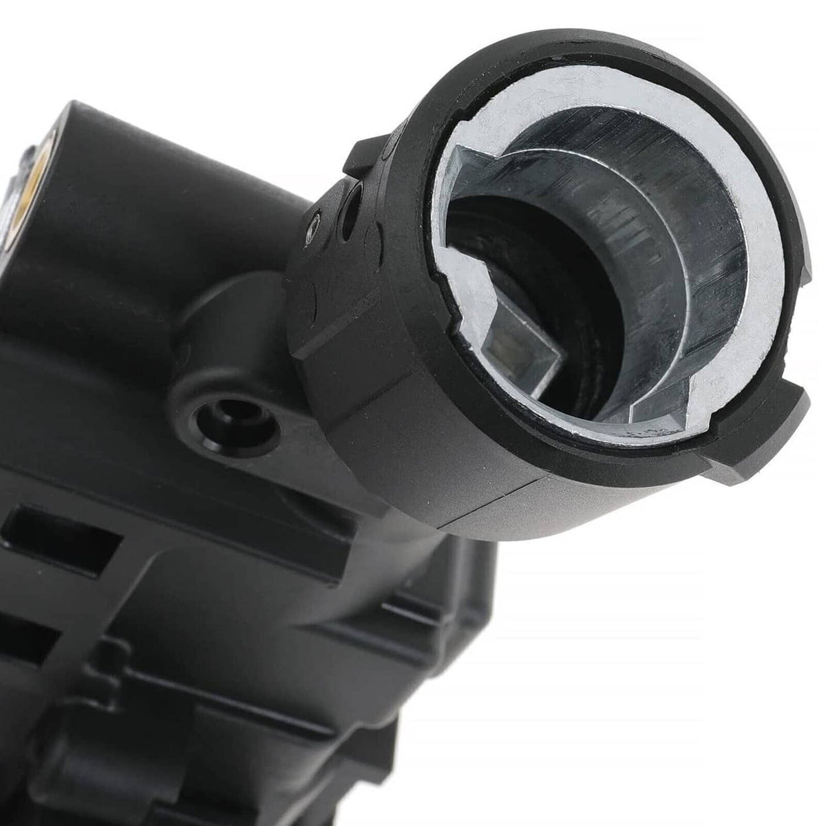 Ignition lock housing with circular key-switch opening in black and silver metal
