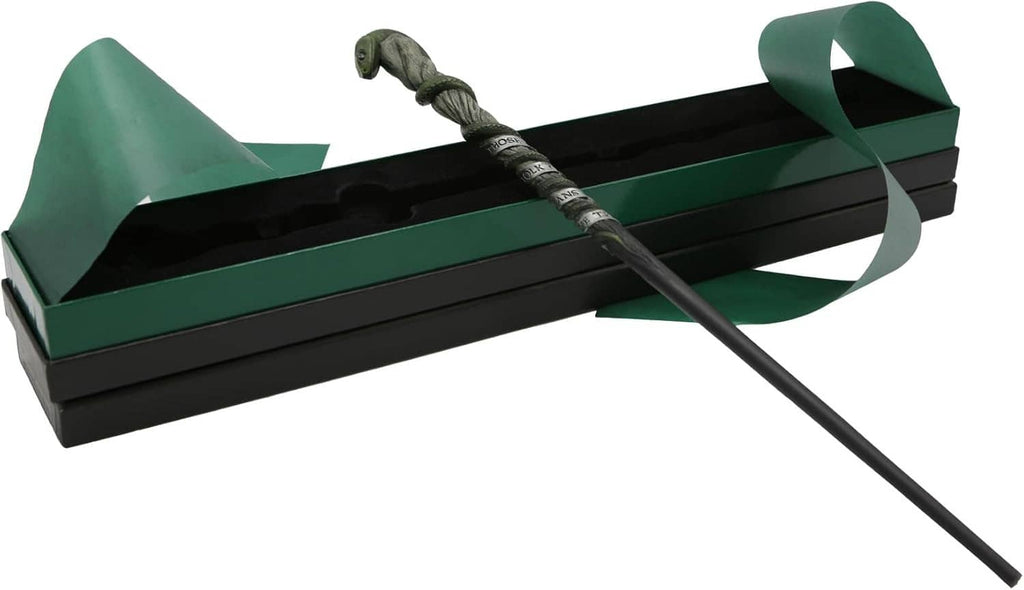 Serpent-themed collectible wand with dark green serpent head, in gift box