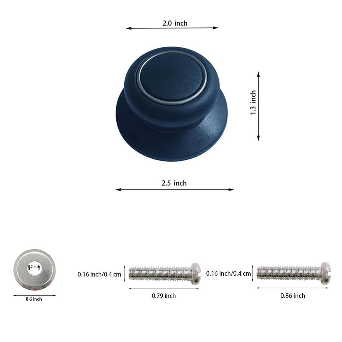 Black pot lid knob set with size guide and two mounting screws