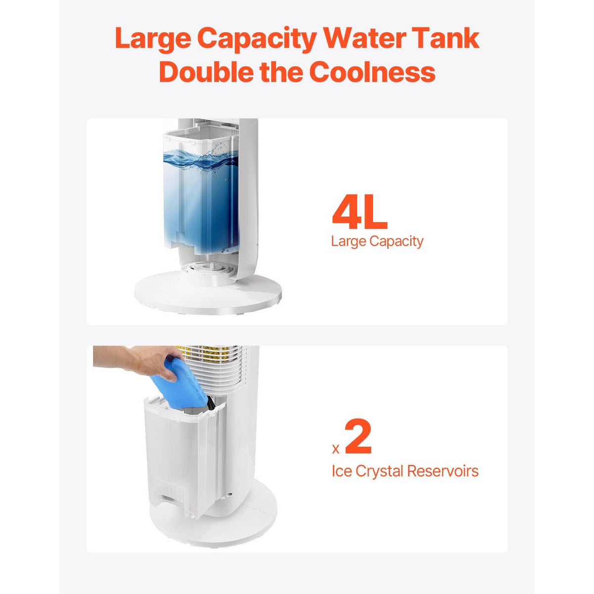 Tower fan with water tank and ice reservoir design, featuring two blue tank compartments