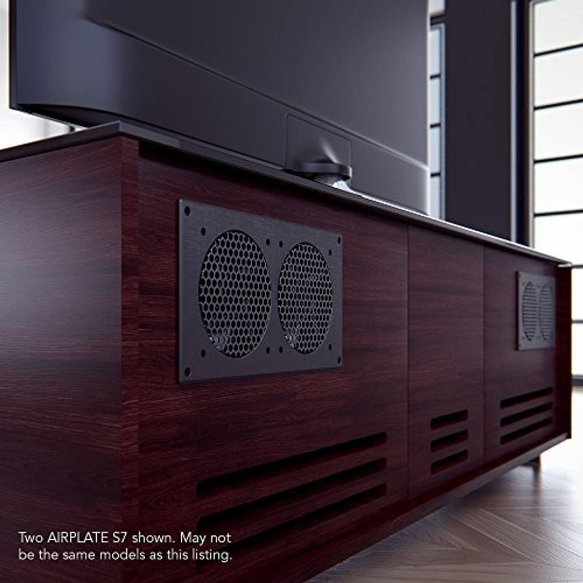 Cabinet fan intake panel with two round hex-mesh grilles and vent openings