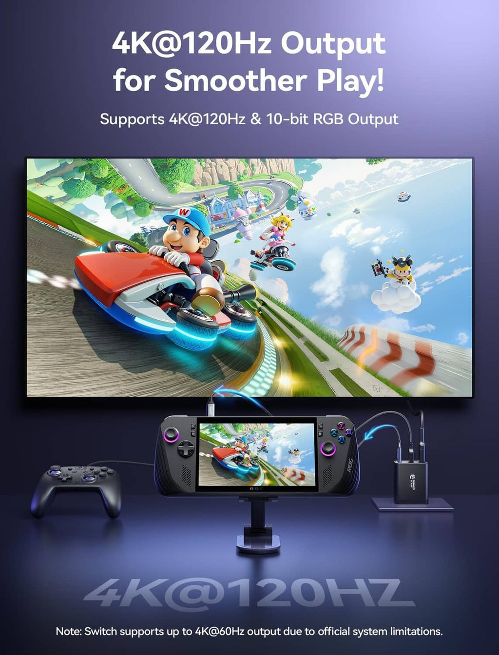 Black HDMI output dock with USB-C and USB-A ports for handheld gaming