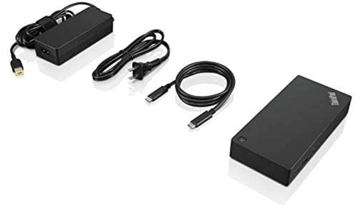 Black USB-C dock with power adapter and connecting cables set