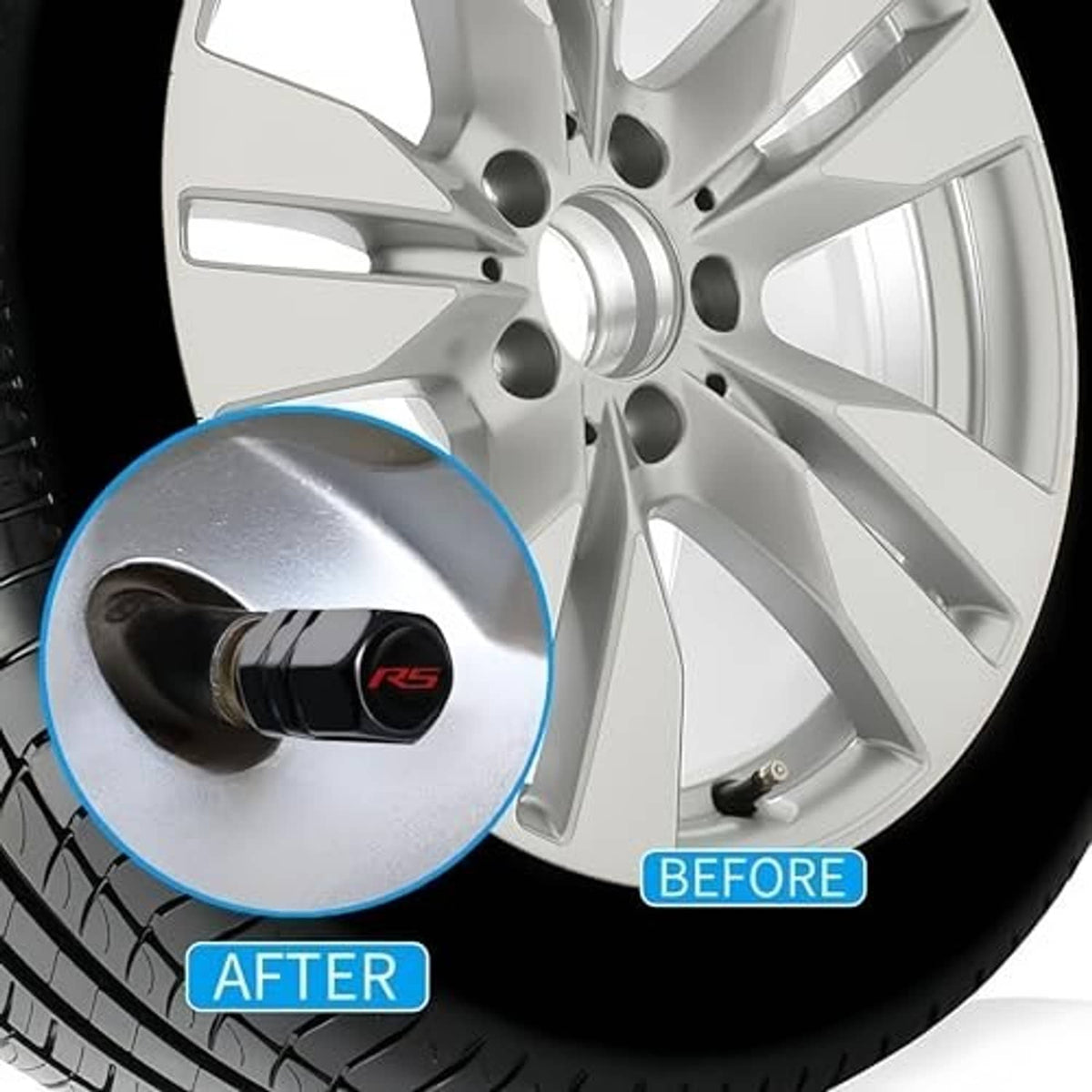 Black valve stem cap with red ring and RS logo on a silver alloy wheel