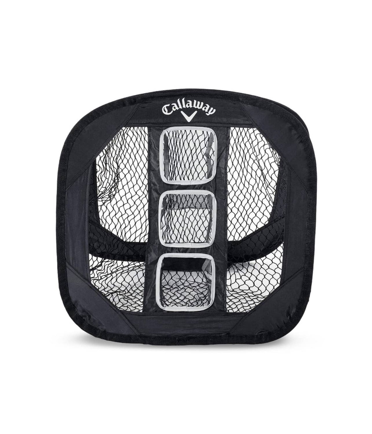Black collapsible golf chipping net with mesh target panels and Callaway logo