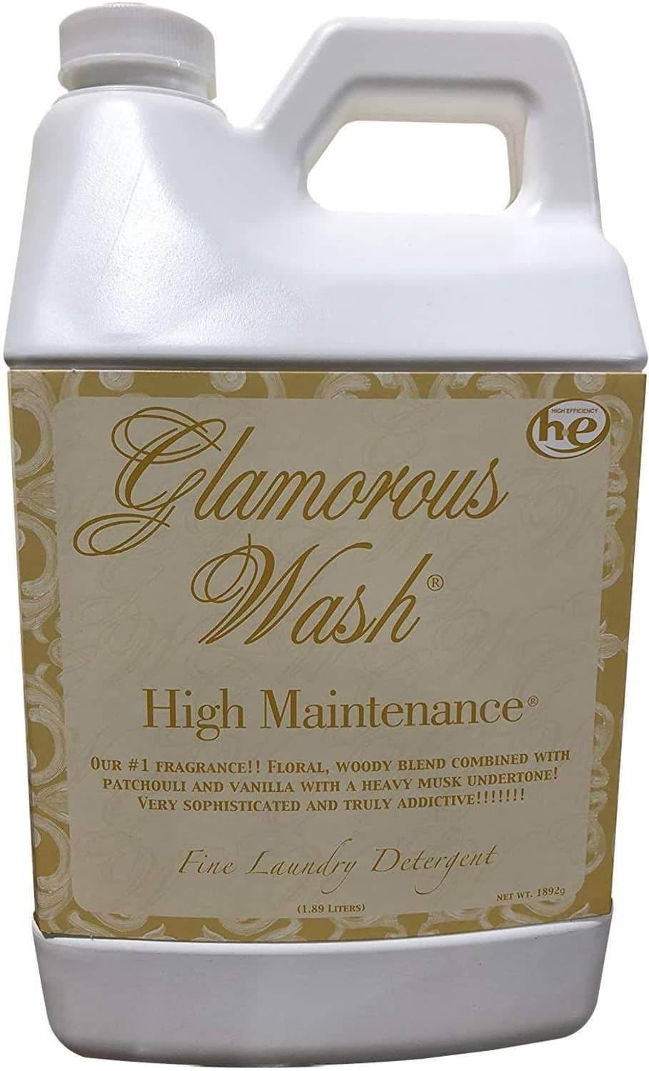 White laundry detergent jug with gold 'Glamorous Wash' label and 'High Maintenance'.