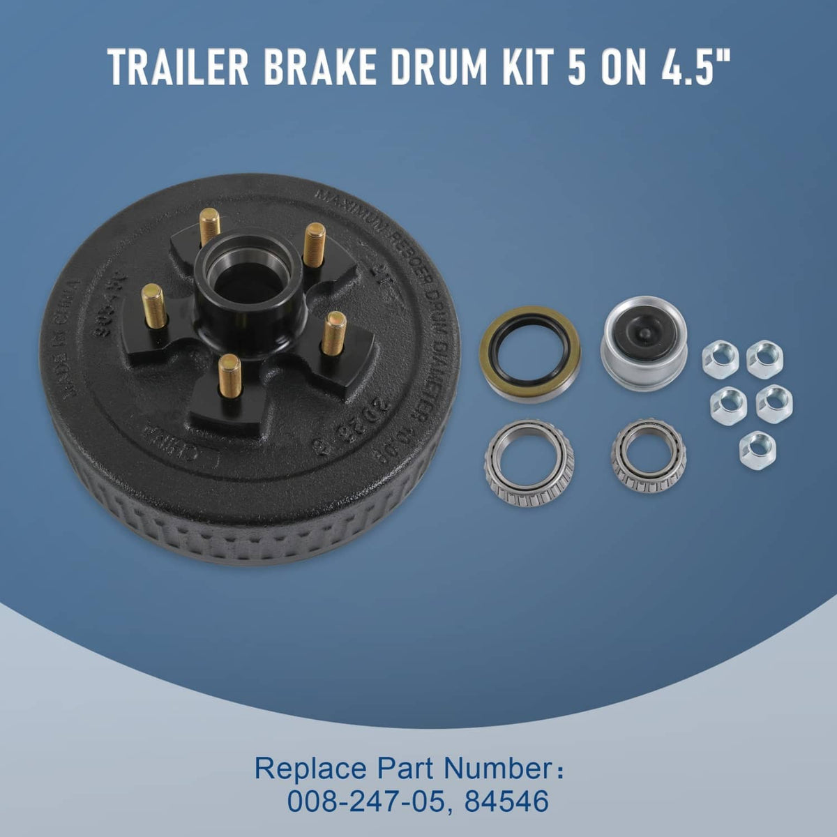 Trailer brake drum hub kit with bearings, seals, and hex mounting nuts