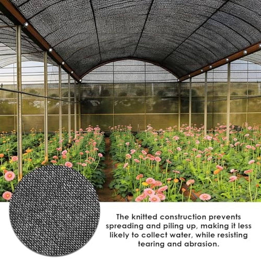 Arched greenhouse shade cloth tarp with dark gray knit mesh and brown support bars