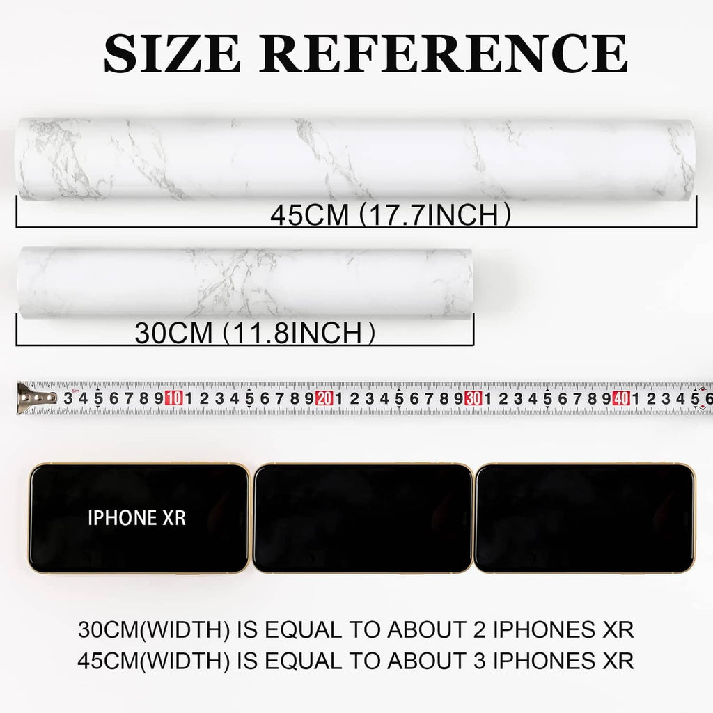 White marble contact paper size reference with rolled sheet measurements on a ruler