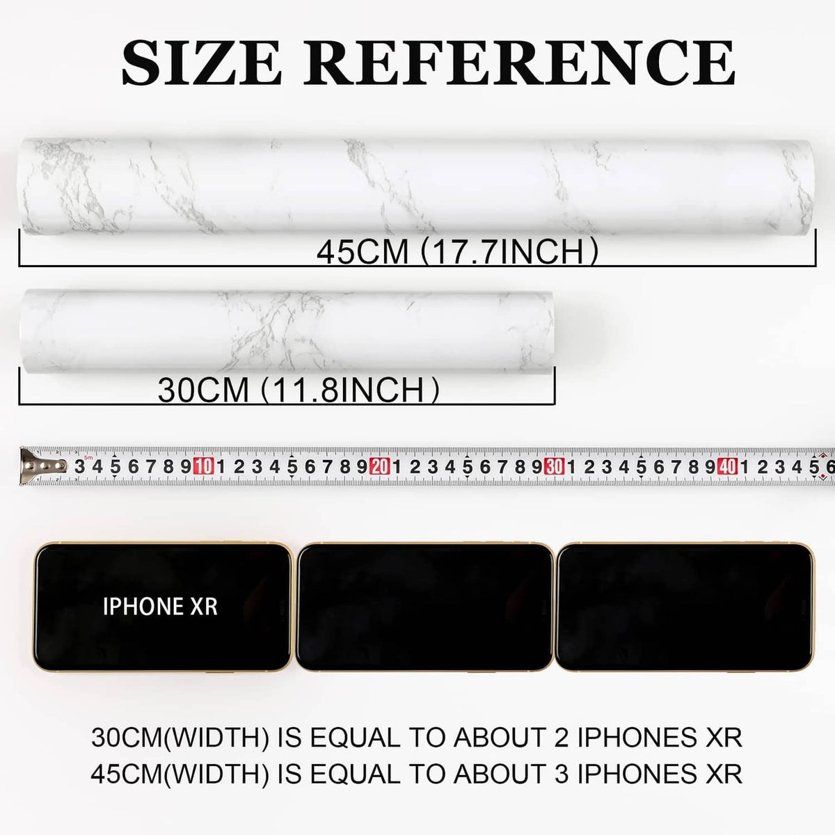 White marble contact paper size reference with rolled sheet measurements on a ruler