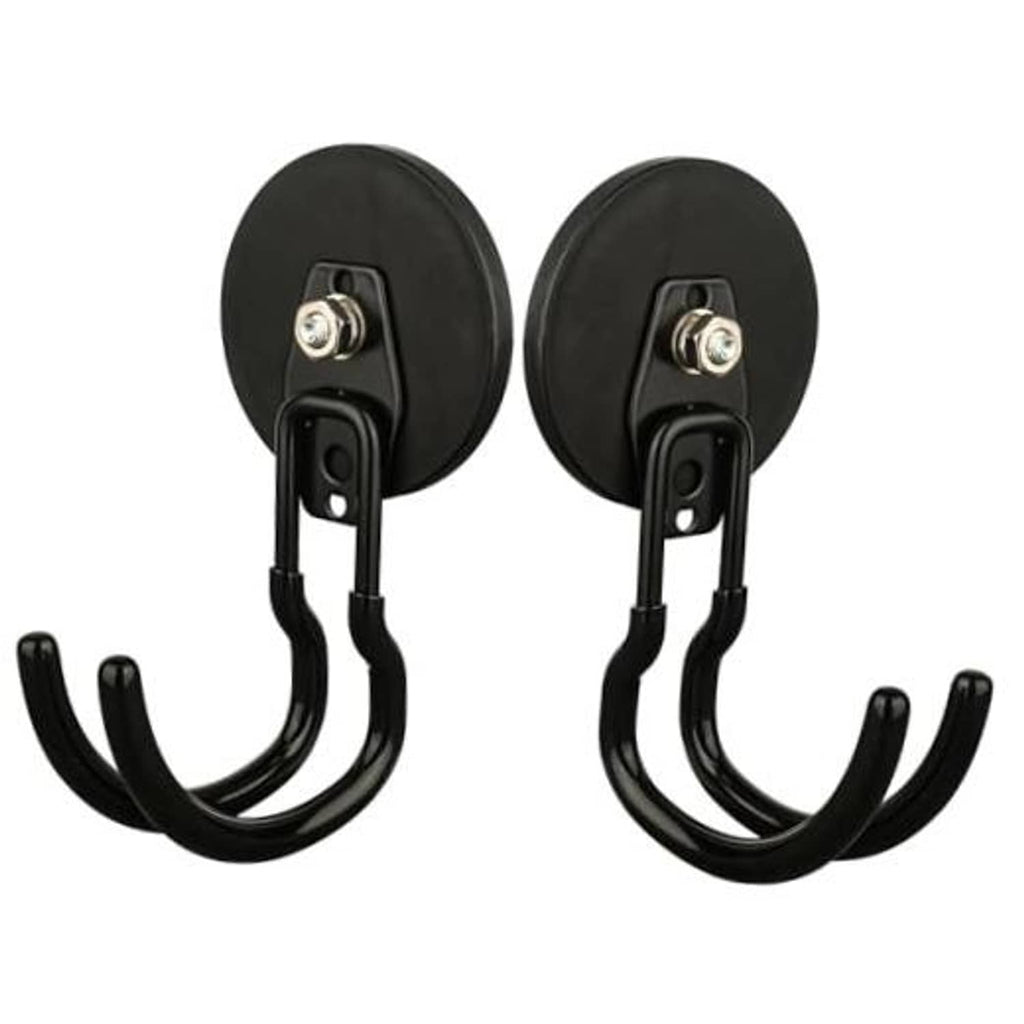 Black magnetic garage hook set with two curved hooks and mounting plates