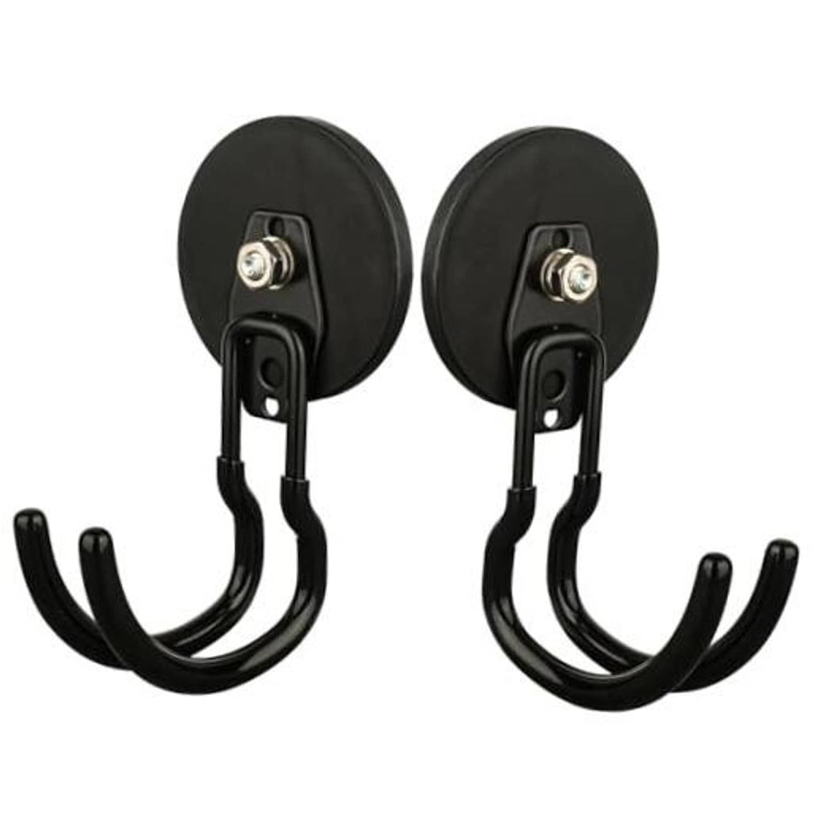 Black magnetic garage hook set with two curved hooks and mounting plates