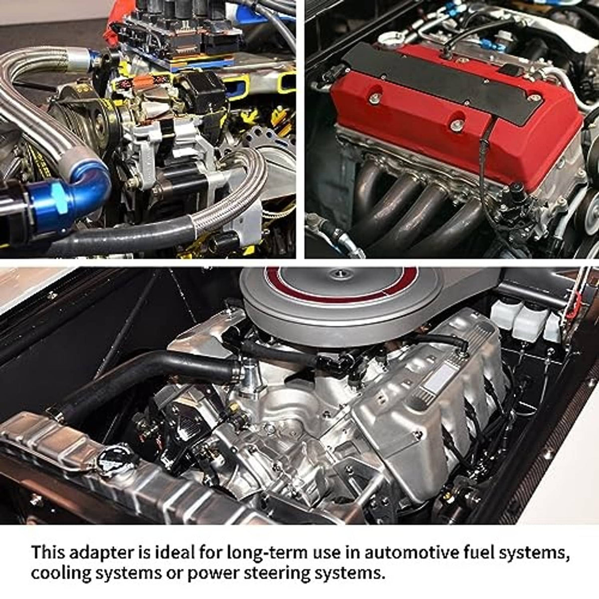 Fuel rail adapter fitting installed in engine bay, showing AN hose connections