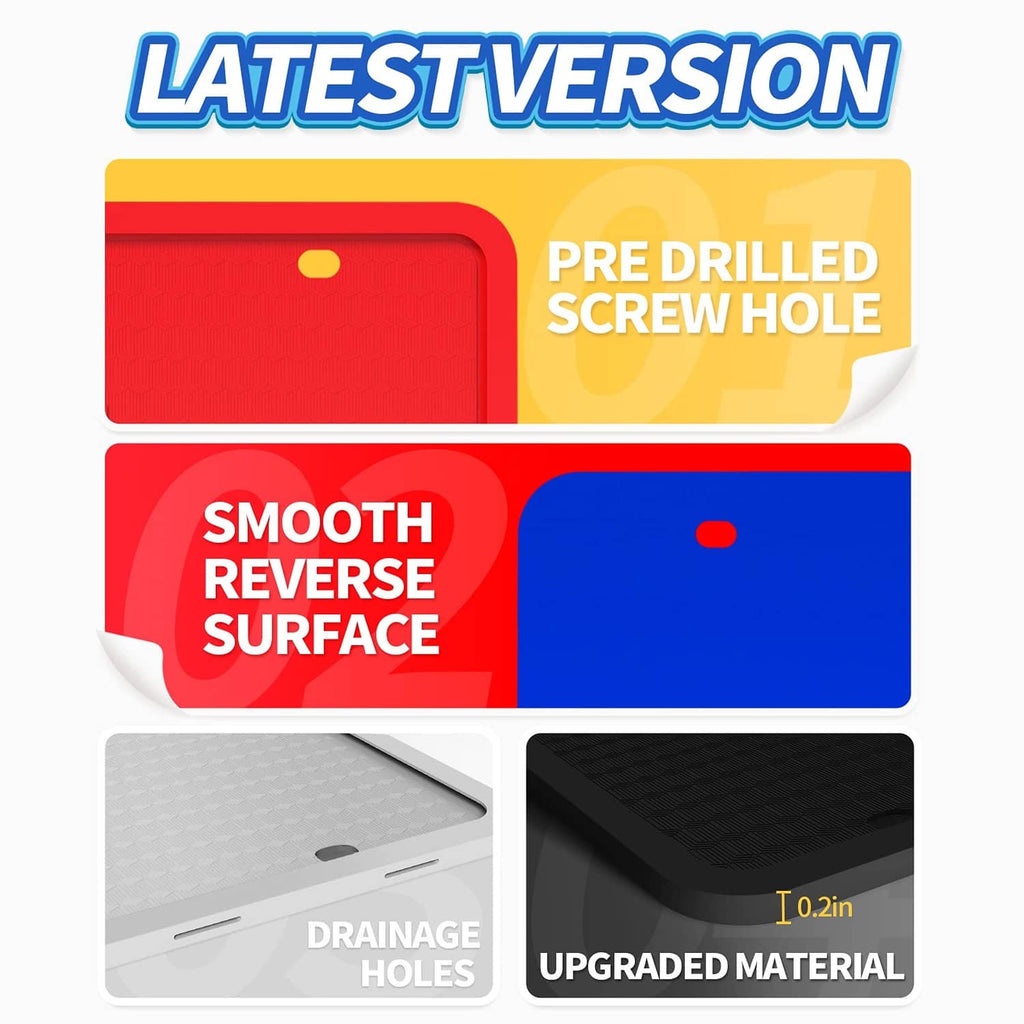 Red and blue silicone license plate frame with smooth reverse surface