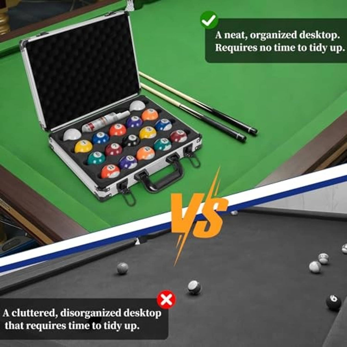 Open pool ball case holding cue sticks and multi-colored balls in foam slots