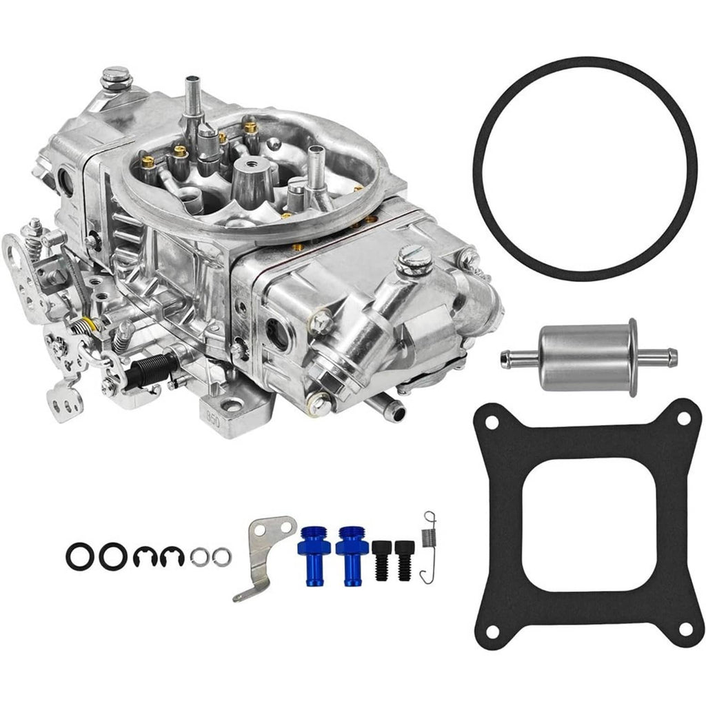 Carburetor kit with intake gasket, large round gasket, fuel filter, and packaged hardware