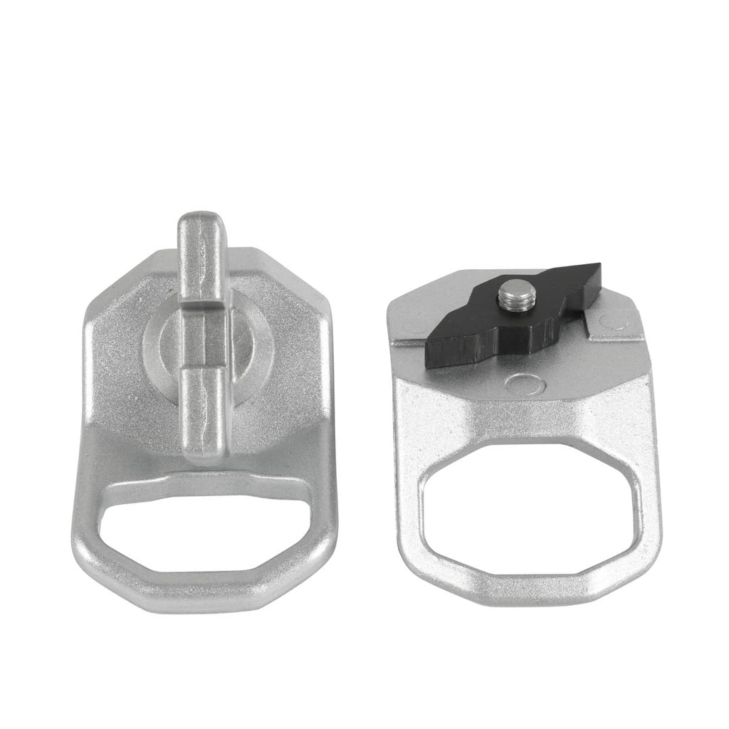 Silver D-ring tie-down bracket with black locking block, single set