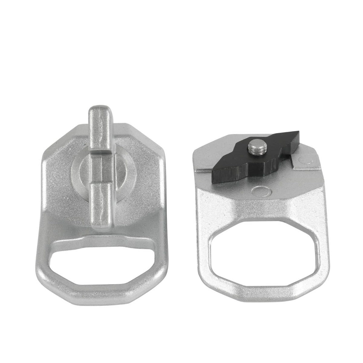Silver D-ring tie-down bracket with black locking block, single set