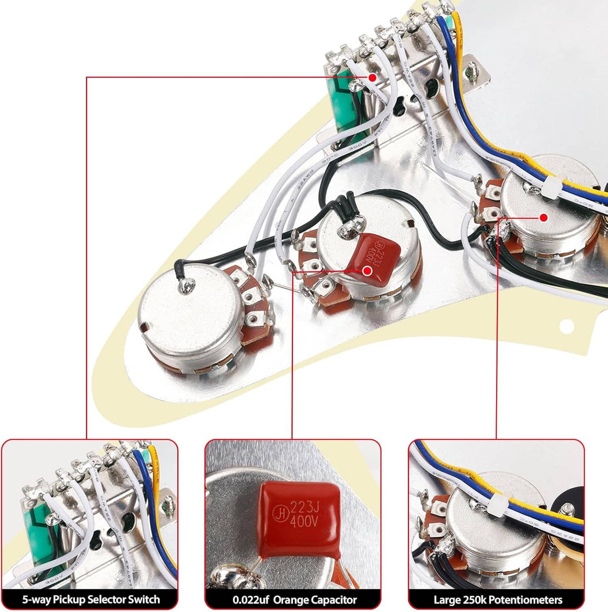 Prewired Stratocaster pickguard showing 5-way selector switch, orange capacitor, and pots