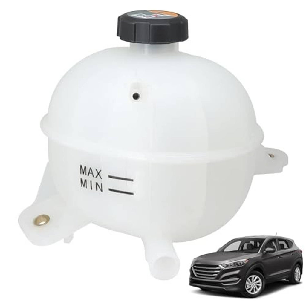 White coolant overflow reservoir tank with black cap, MAX/MIN markings, side outlet