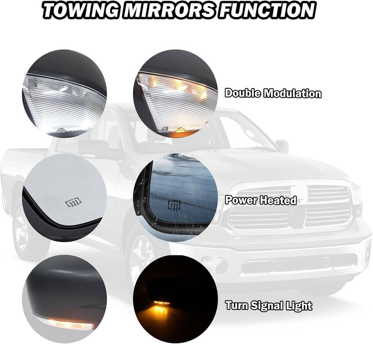Right passenger side towing mirror features: turn signal, heated, and signal LED lights
