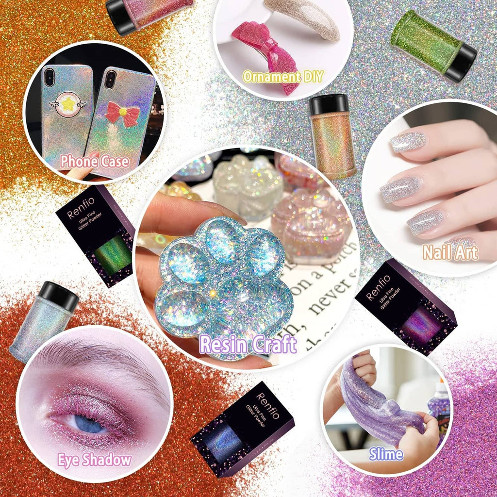 Holographic ultra fine glitter powder bottles shown for resin, nail, and DIY crafts