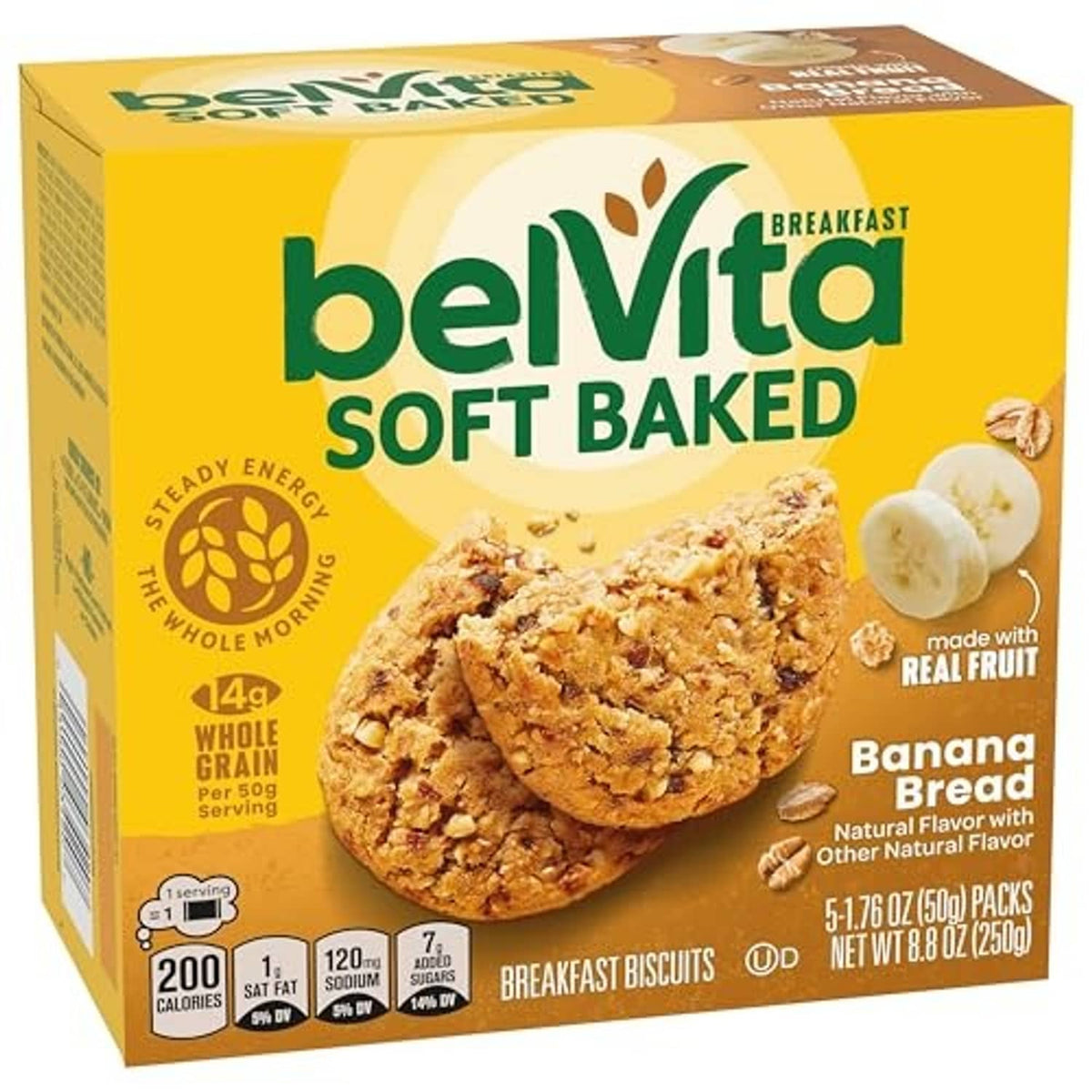 Belvita soft baked breakfast biscuits box with banana bread flavor front panel