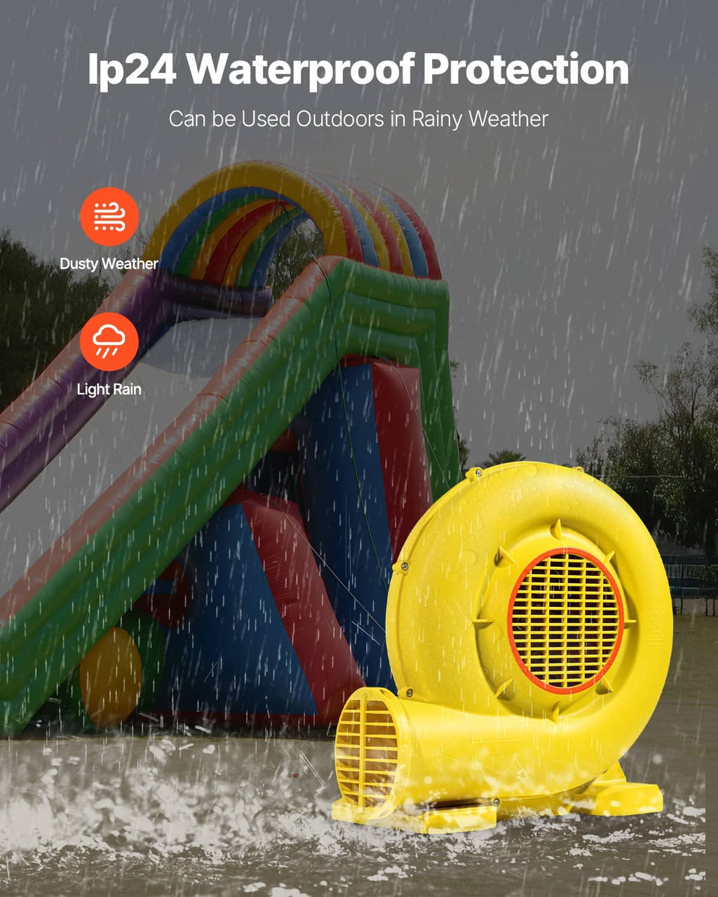 Yellow inflatable bounce house blower with vented front fan and weather-ready use