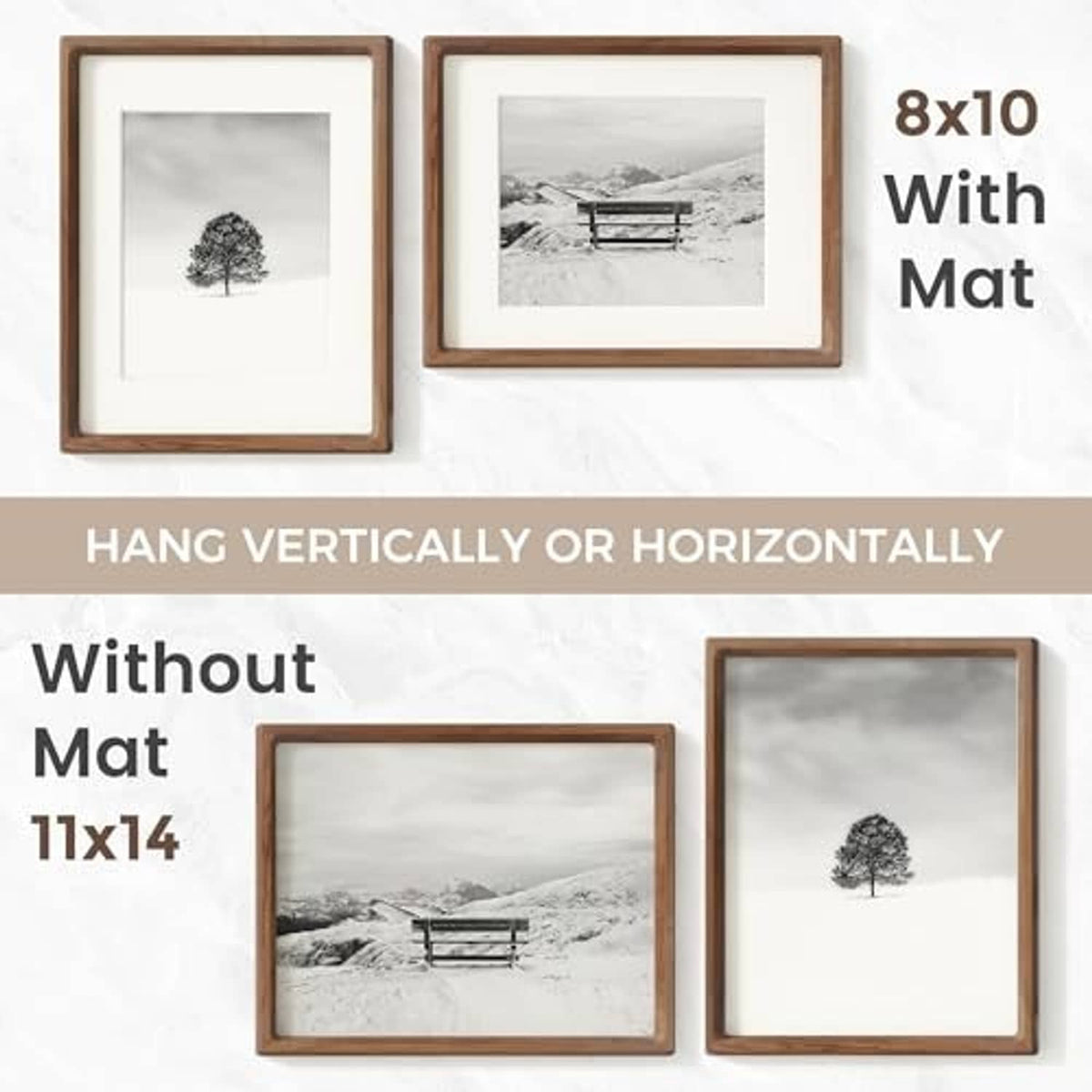 Walnut wood 11x14 picture frame with mat, hang vertically or horizontally