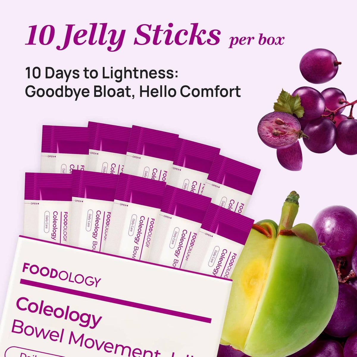 10 grape jelly sticks per box, purple-and-white sachets fanned out