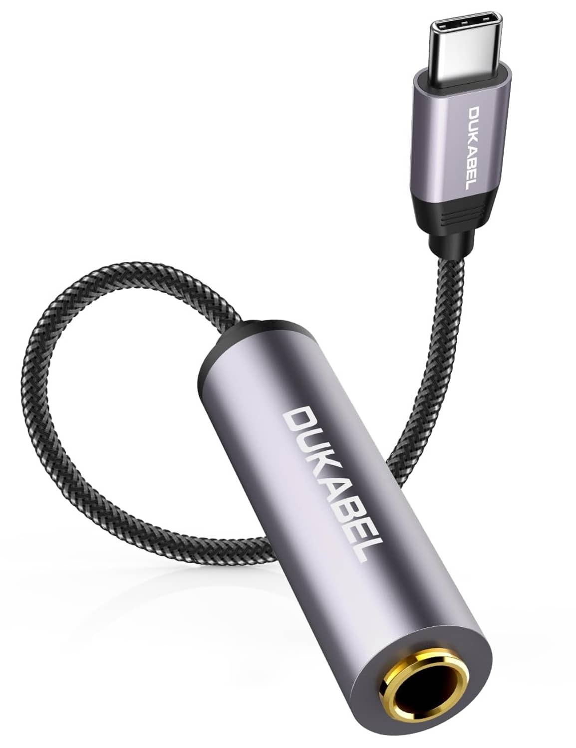 DUKABEL grey USB-C to 6.35mm headphone adapter with braided cord and gold 1/4 jack