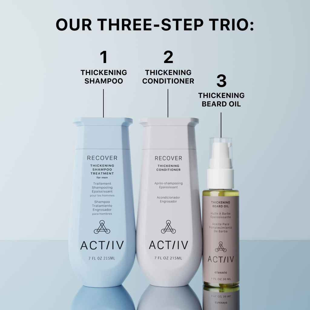 Three-step ACTIIV ACT/IV lineup: thickening shampoo, conditioner, and beard oil bottles