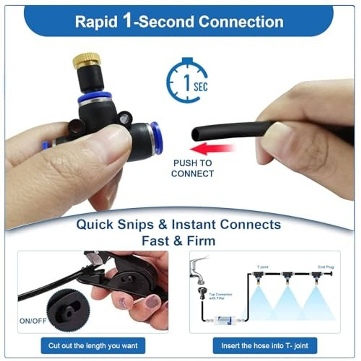 Hands connecting a quick-connect water mister fitting with push-to-connect parts