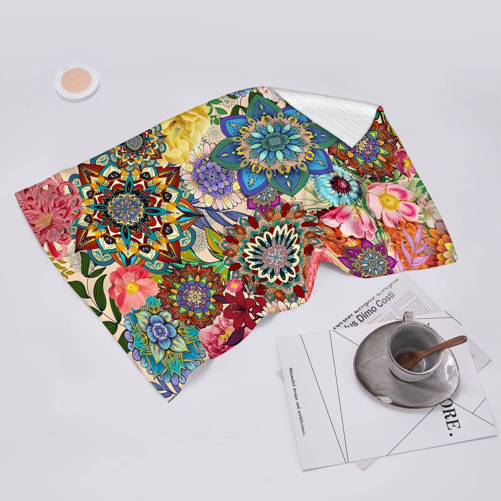 Pair of boho floral kitchen towels with hanging loop, colorful bouquet print
