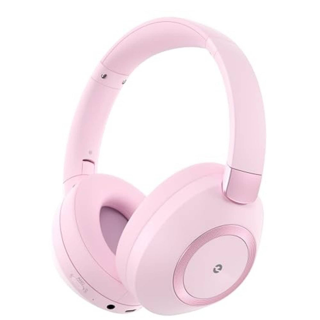 Pink wireless over-ear headphones with circular ear-pad logo and cushioned headband