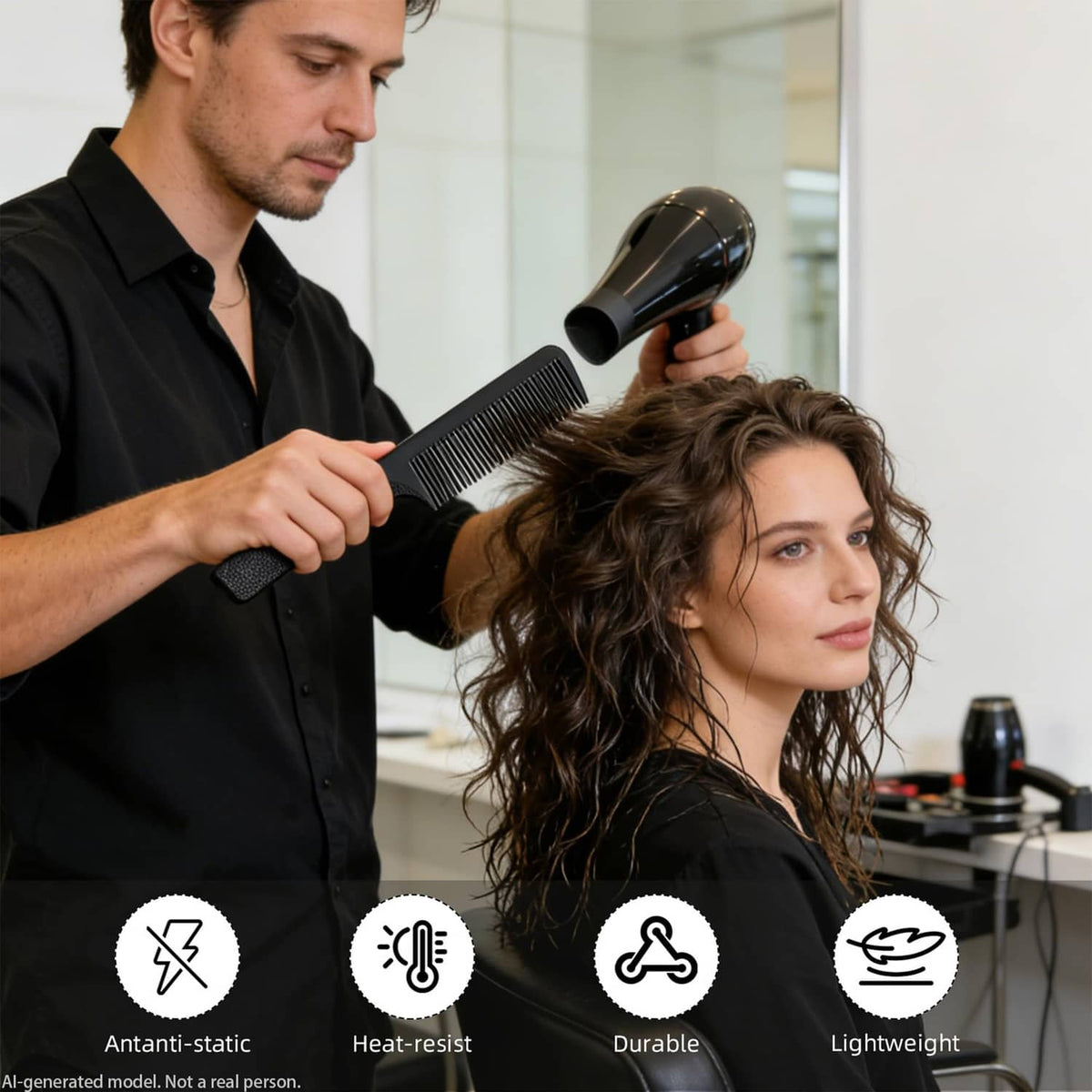 Black barber hair comb being used on wet hair, with textured non-slip grip