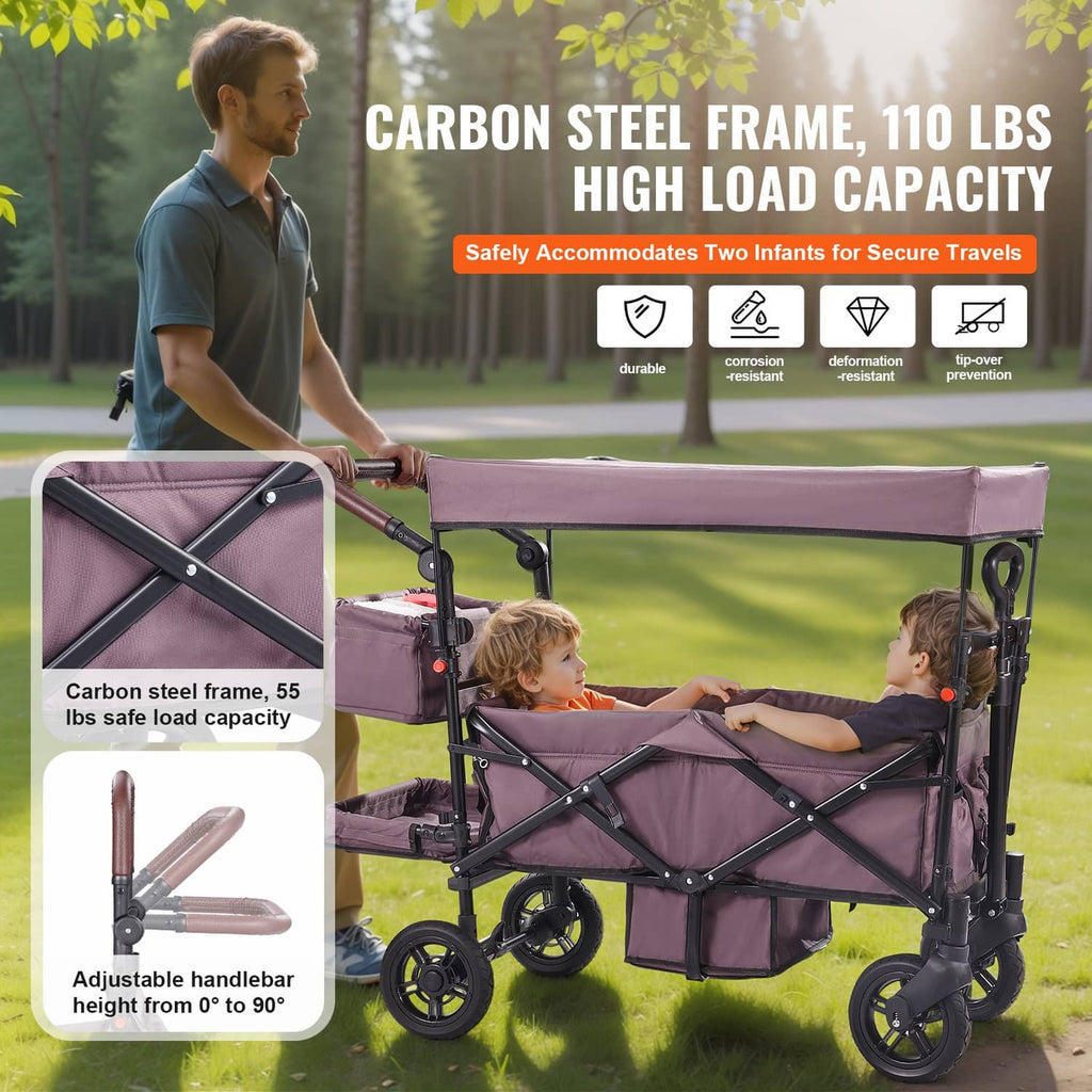 Purple double wagon stroller with extended canopy, two front seats, sturdy steel frame
