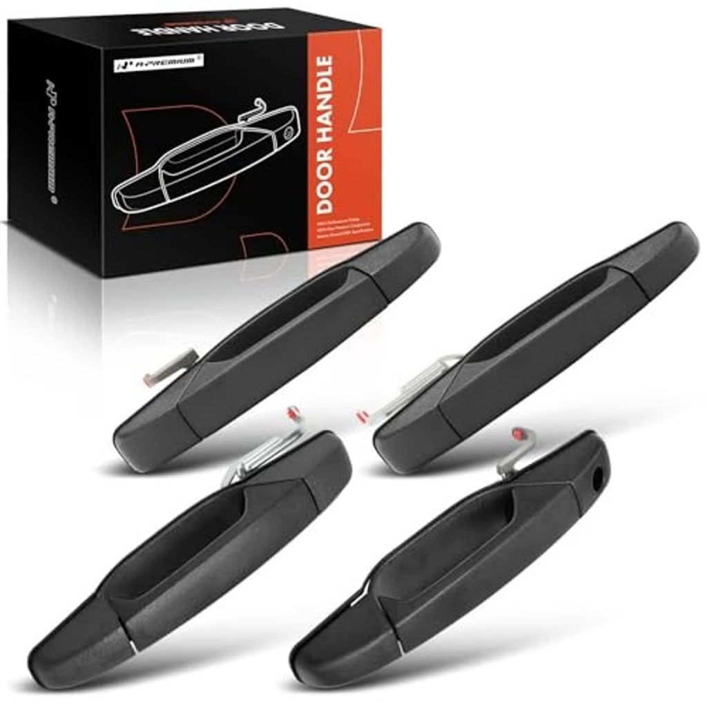 Exterior door handle set with four textured black exterior handles and mounting hardware